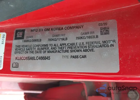 2020 Chevrolet Spark Fwd 1Lt Automatic z USA, uszkodzony, nr VIN KL8CD6SA6LC466845